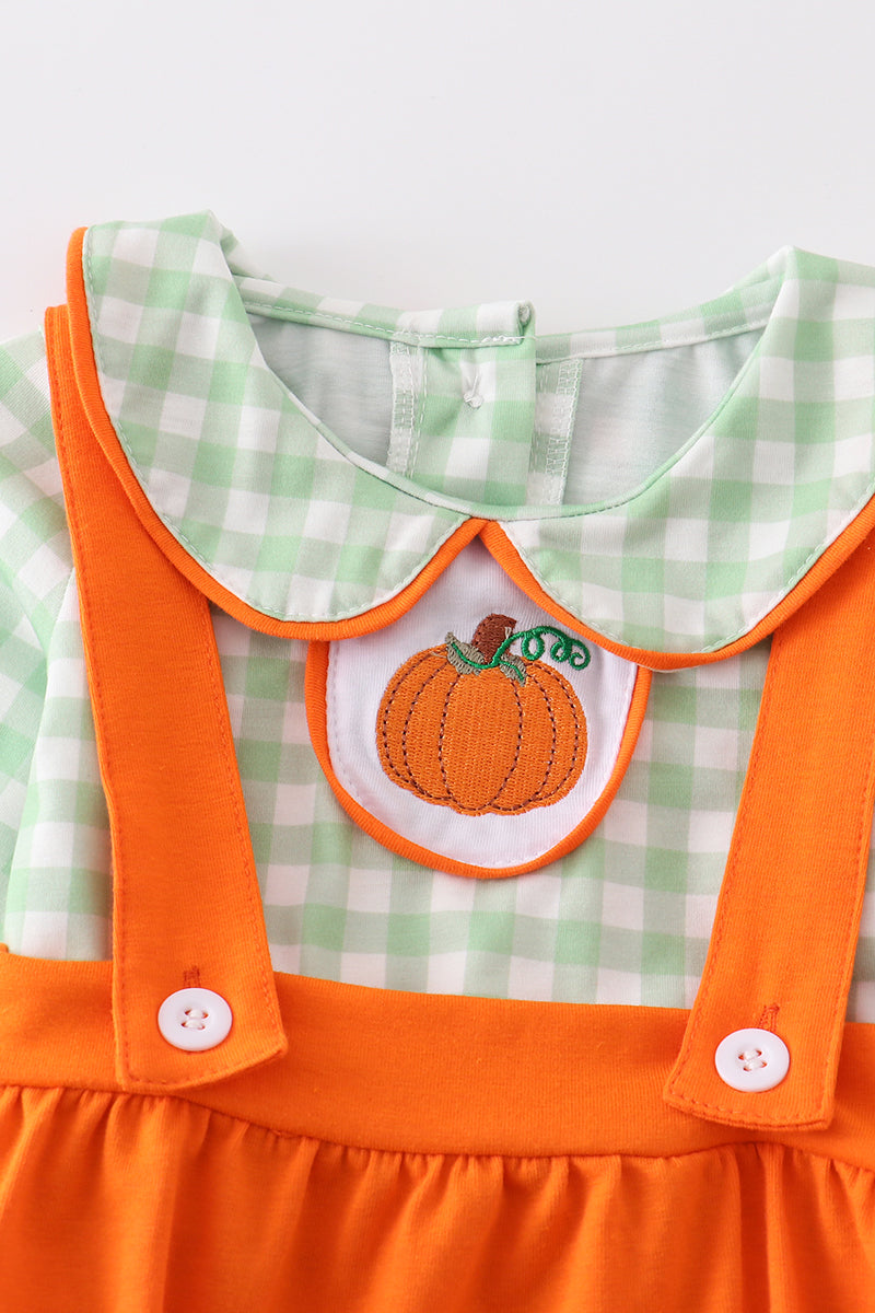 Pumpkin Embroidery Plaid Bubble - Boy