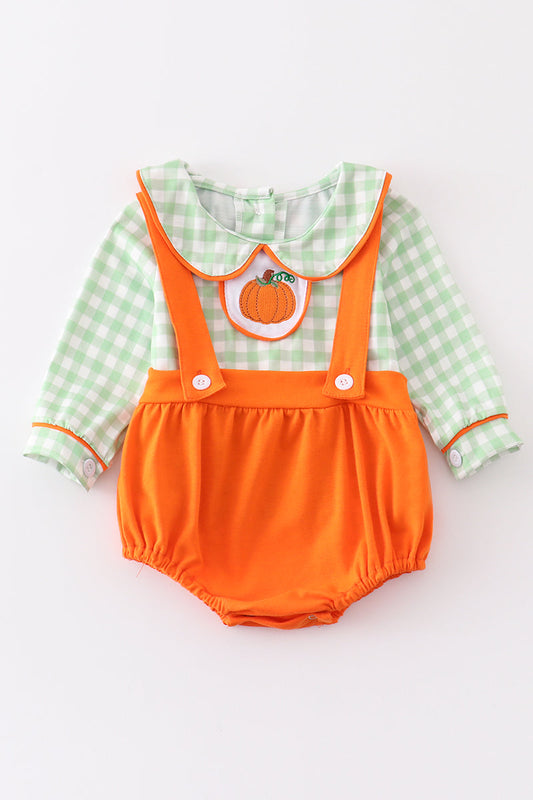 Pumpkin Embroidery Plaid Bubble - Boy