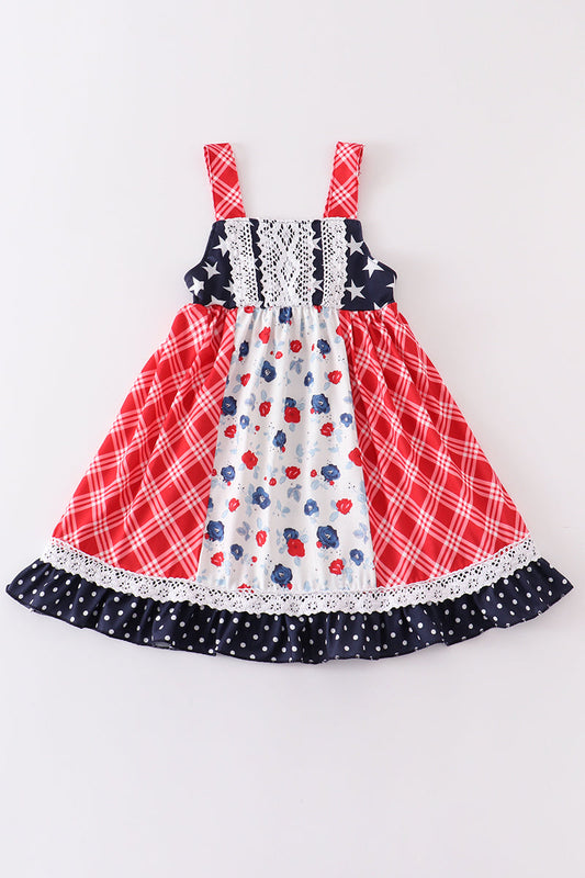 Patriotic floral plaid lace smocked dress