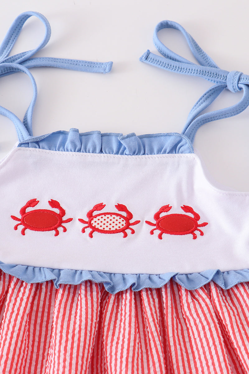 Red seersucker crab applique girl set