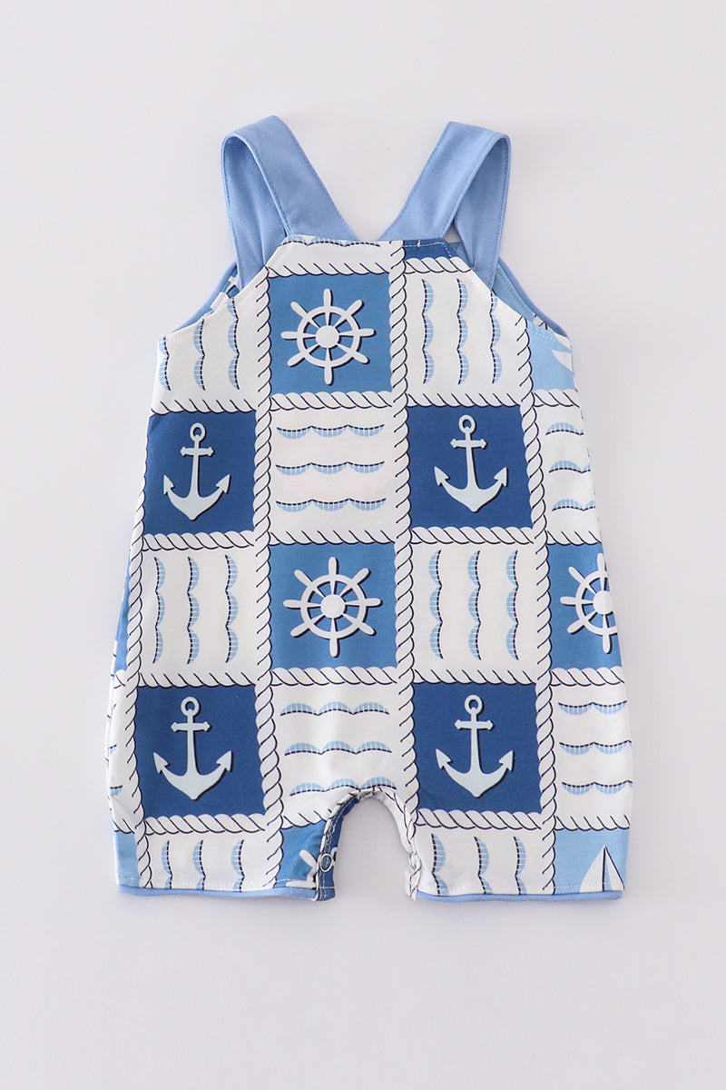 Blue sail boats checkered boy romper