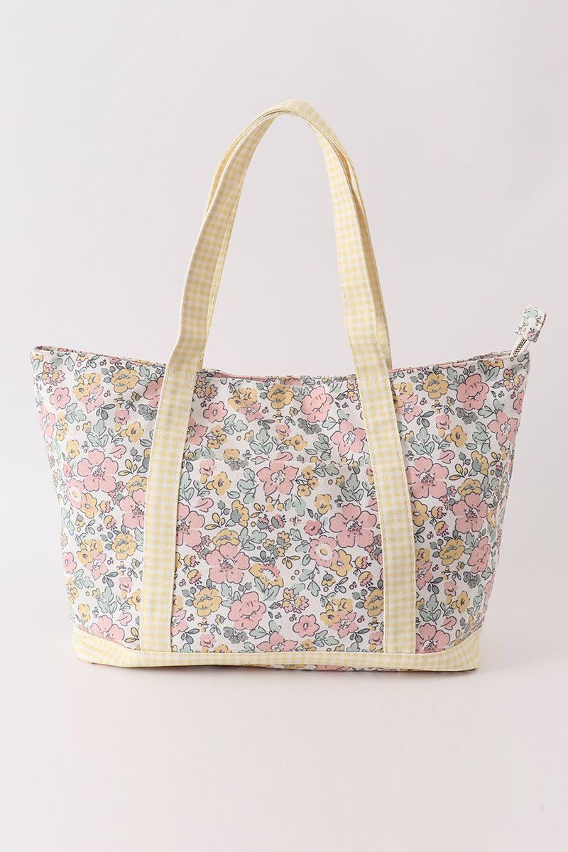 Yellow floral plaid tote bag