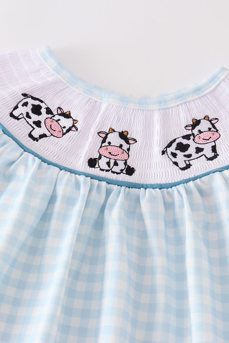 Blue gingham cow embroidery smocked girl set