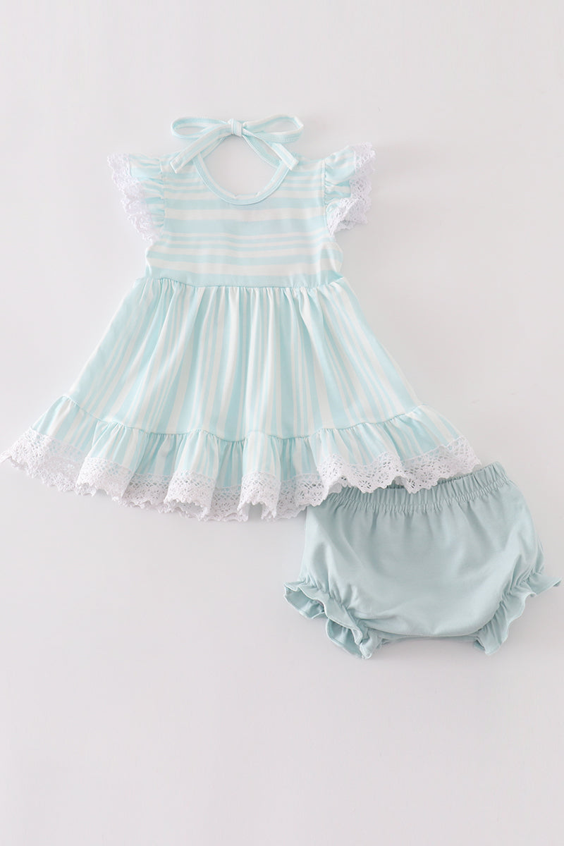 Blue stripe ruffle baby bloomer set