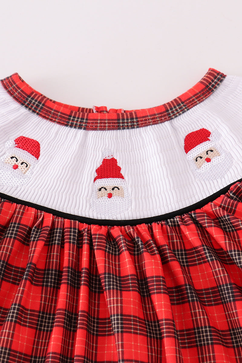 Red christmas santa embroidery smocked plaid bishop dress