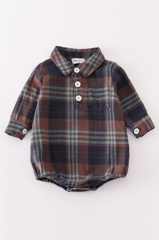 Navy plaid boy button down bubble