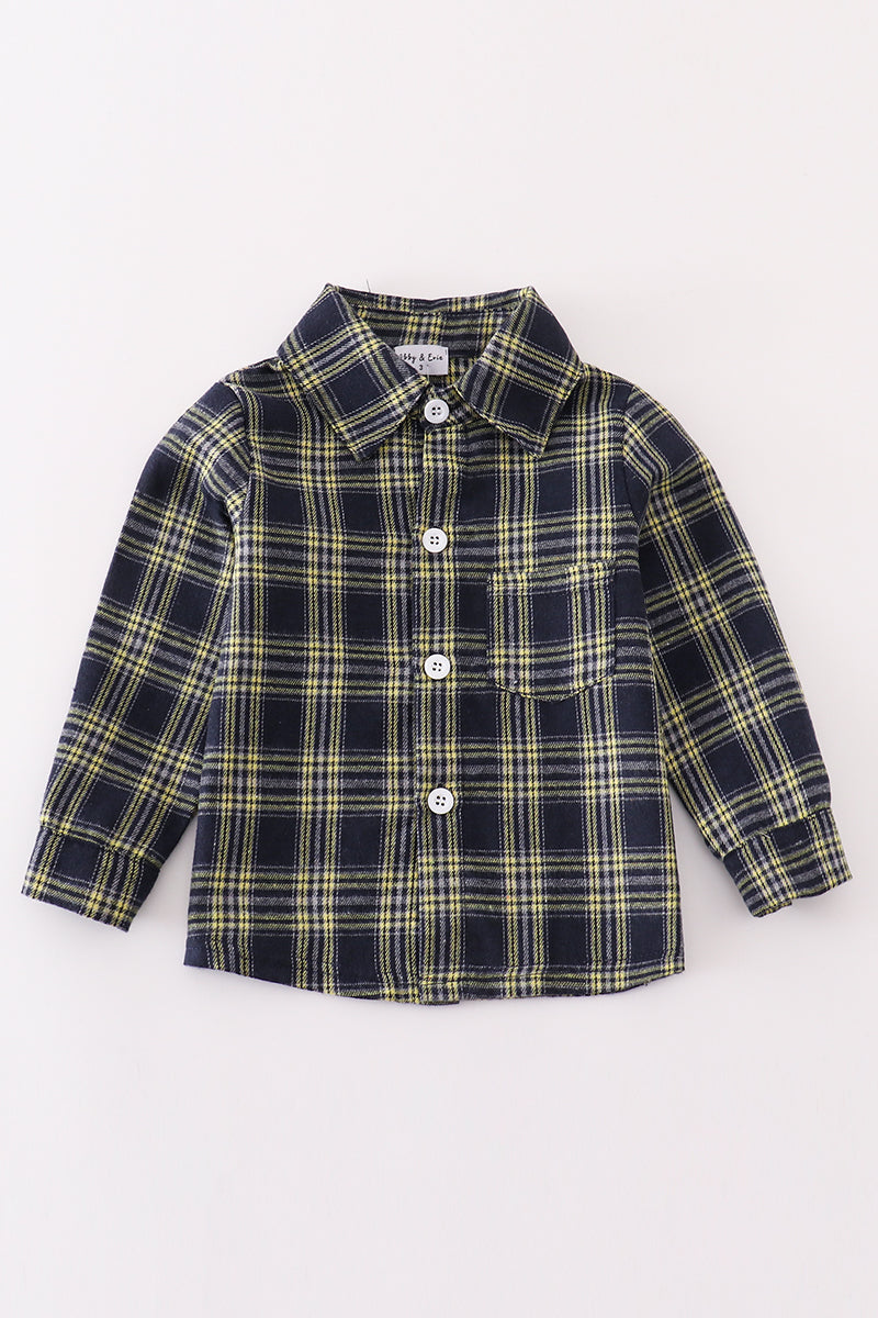 Navy plaid boy button down shirt