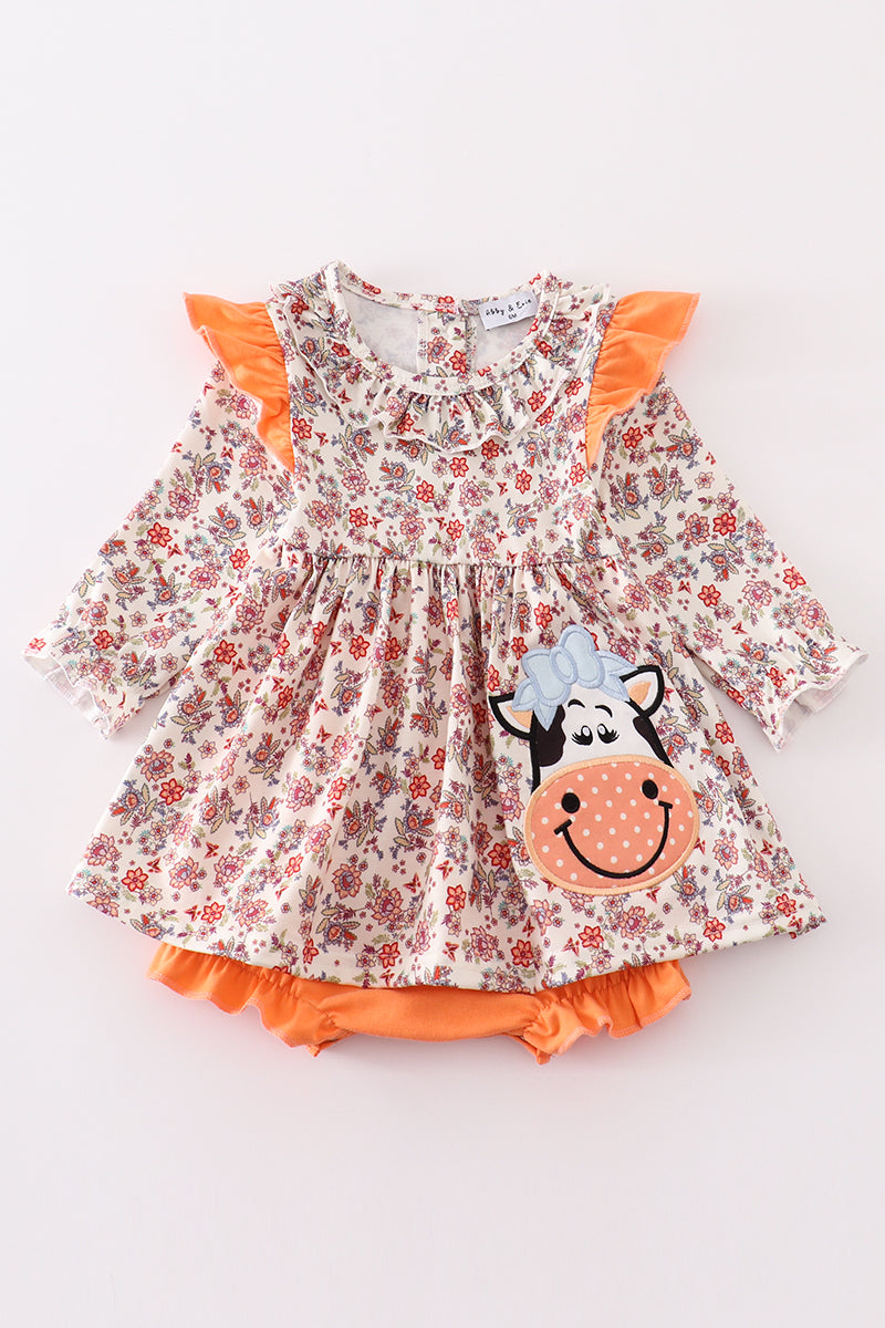 Coral floral cow applique girl bubble