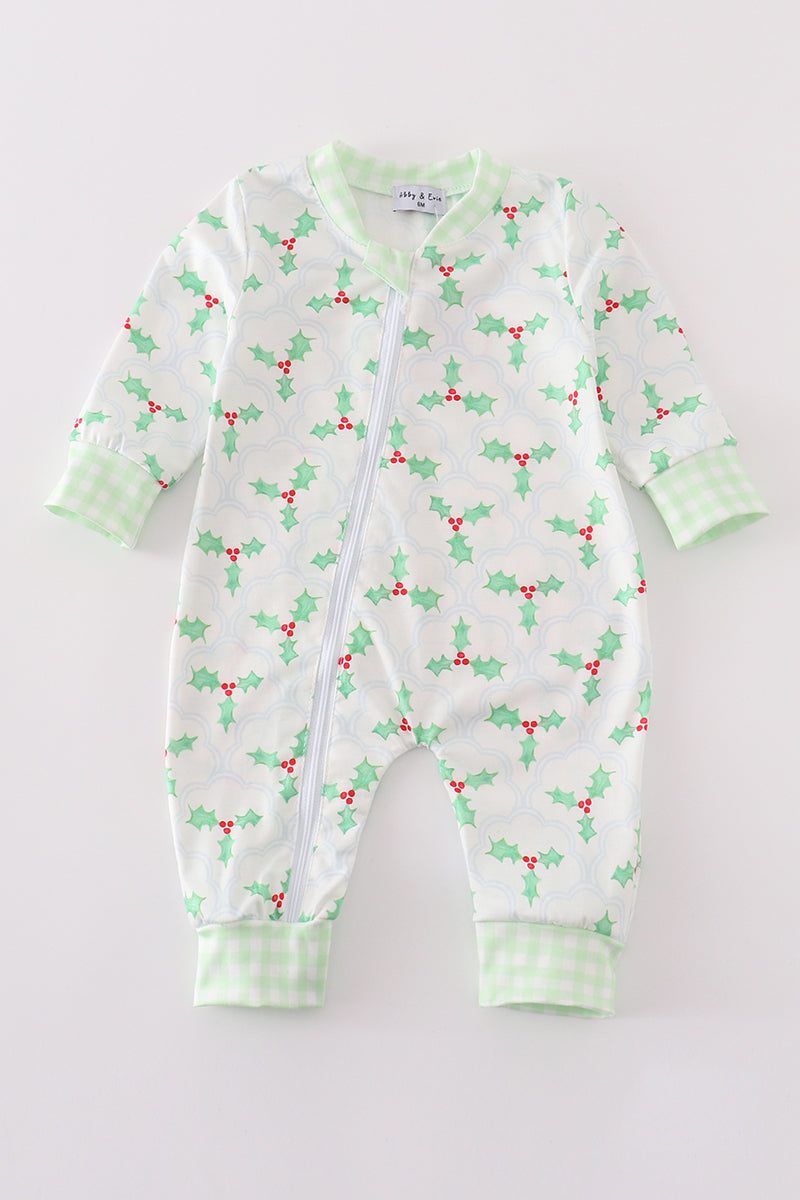 Green christmas holly print boy romper