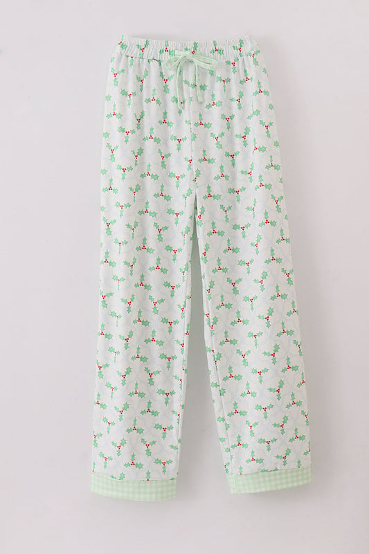 Green christmas holly print men pajamas pants