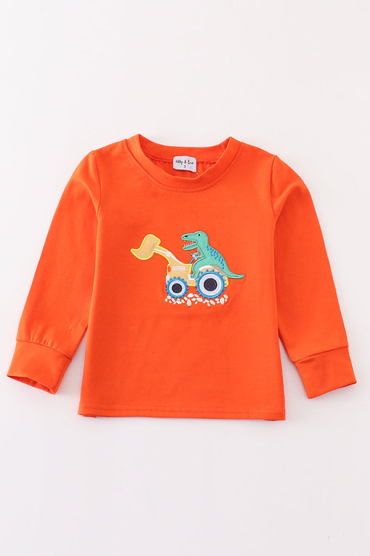 Orange dinosaur excavator applique boy top