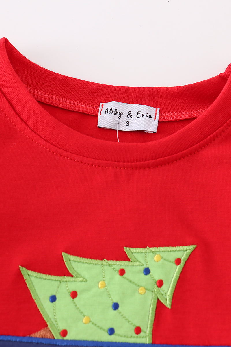 Red trolley christmas tree applique boy top