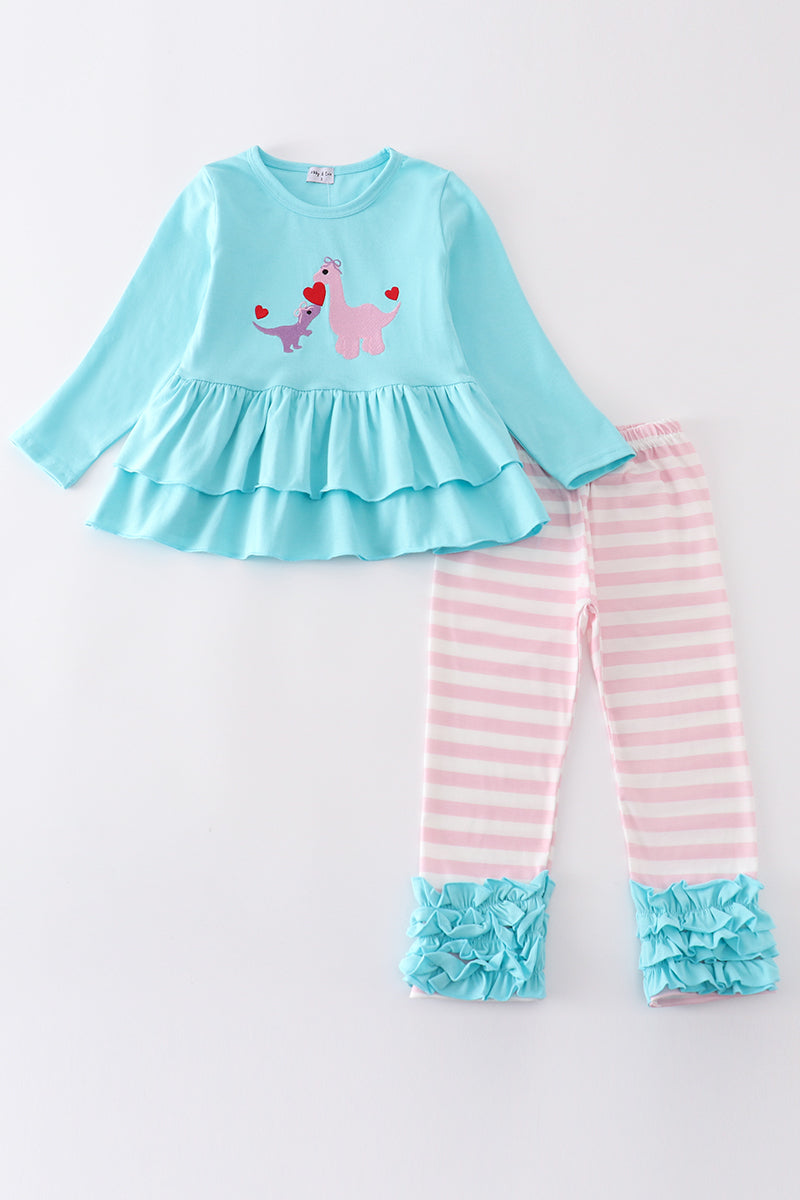 Blue valentine dinosaur embroidery girl set