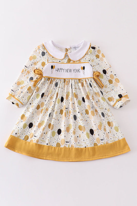 Mustard happy new year embroidery girl dress