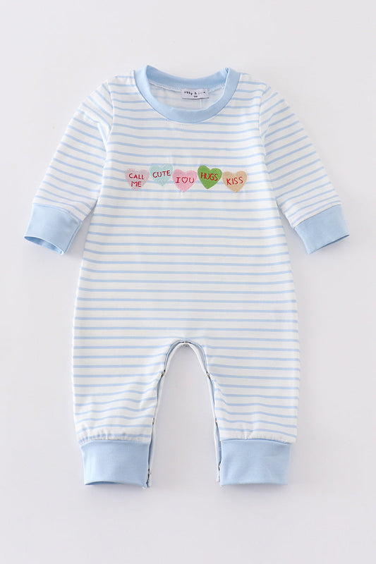 Blue stripe valentine heart embroidery boy romper