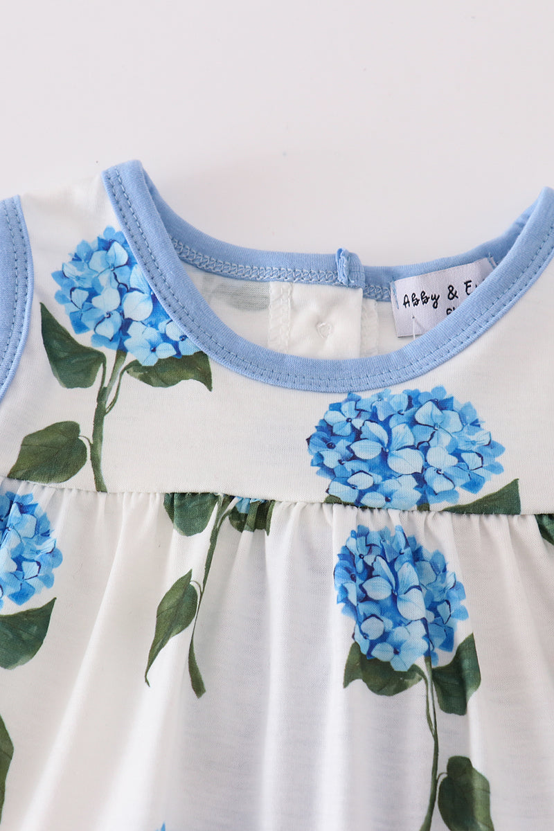 Blue hydrangea print girl bloomer set