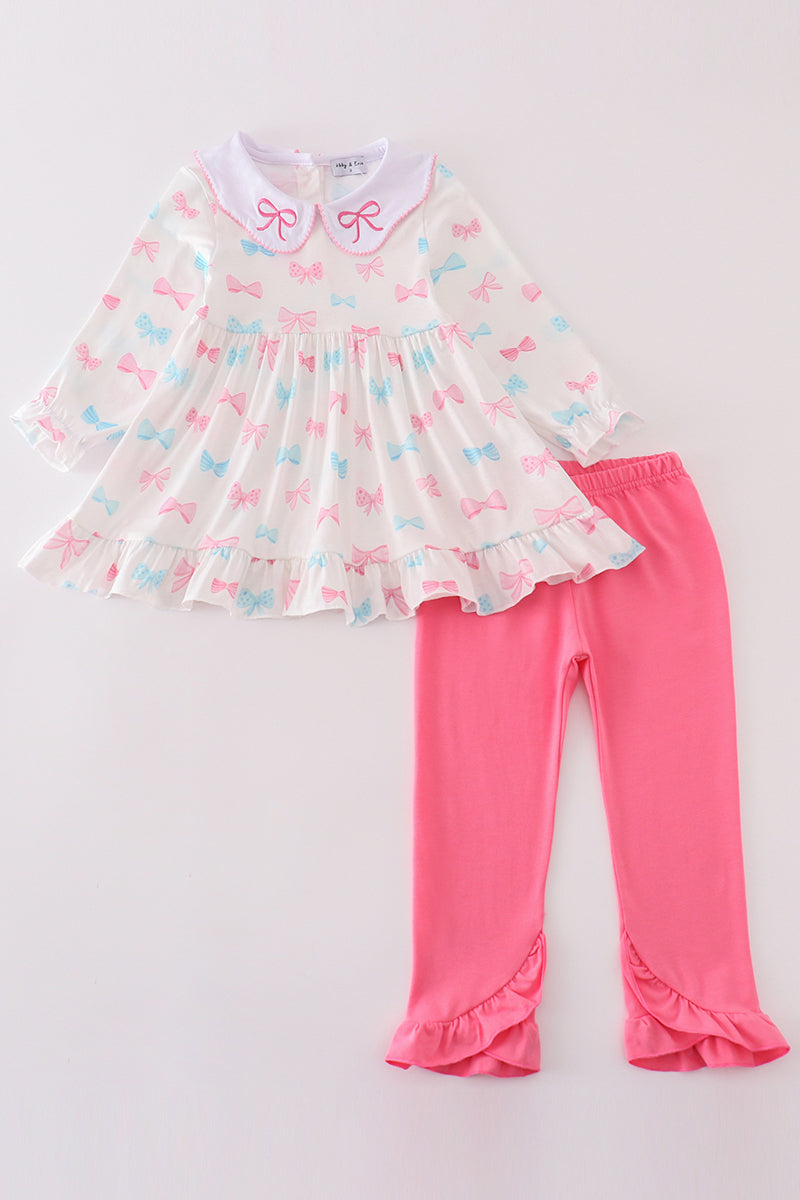 Pink bow embroidery girl set