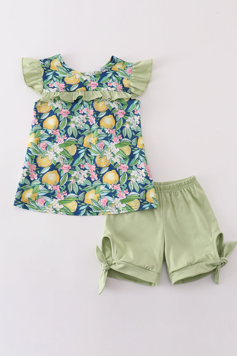 Greem lemon print girl set