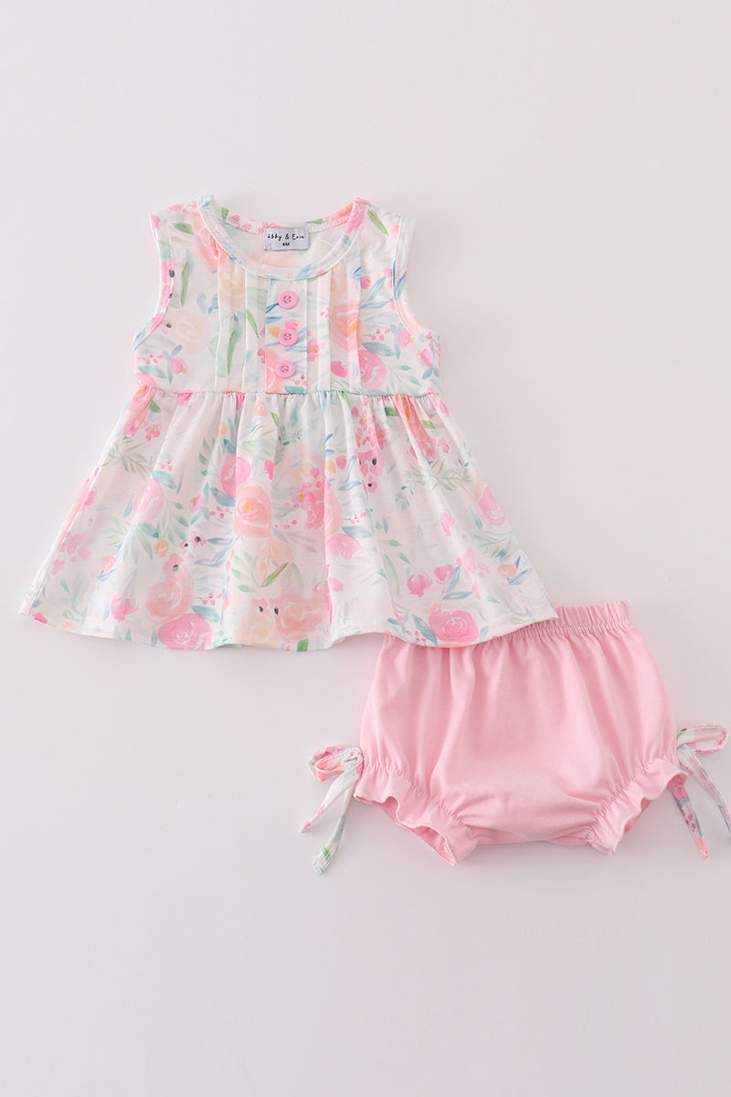 Pink Pastel Meadow print girl bloomer set