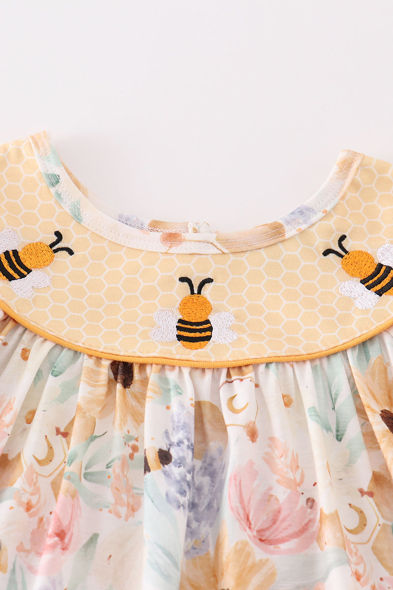 Yellow bee embroidery girl dress