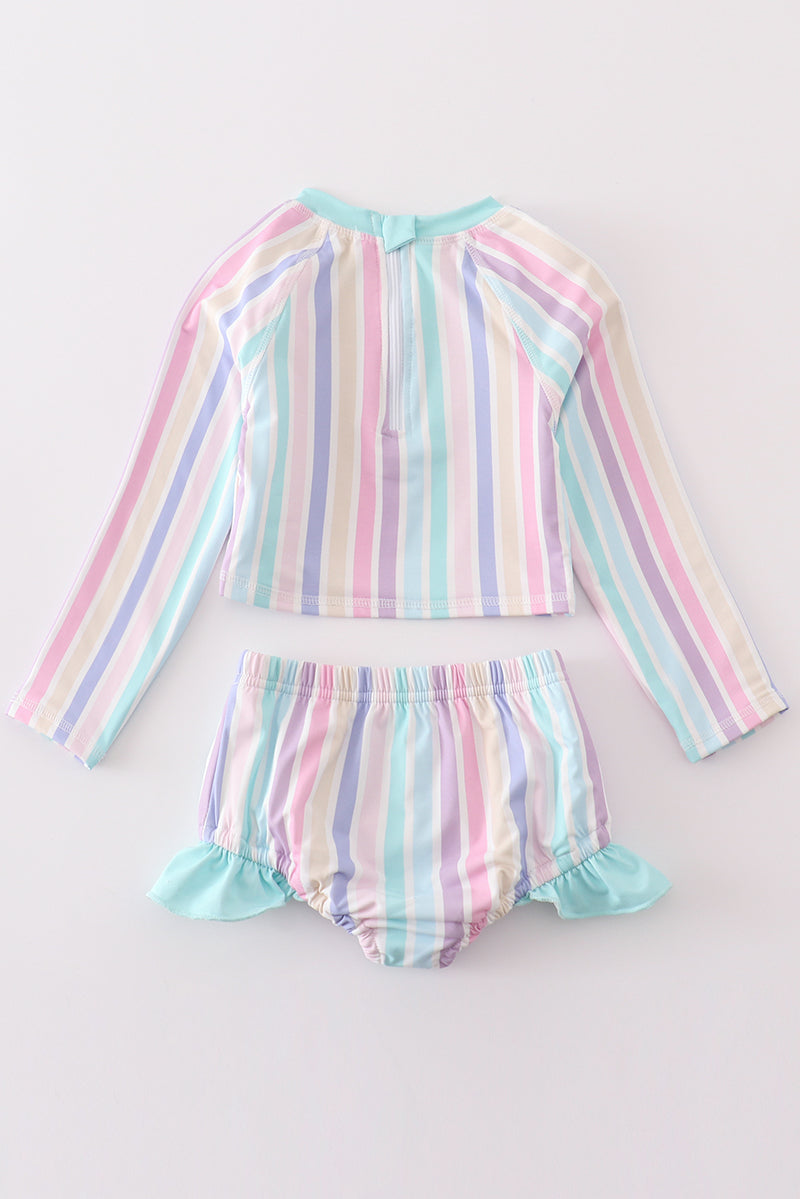 Multicolored stripe print girl 2pc swimsuit set