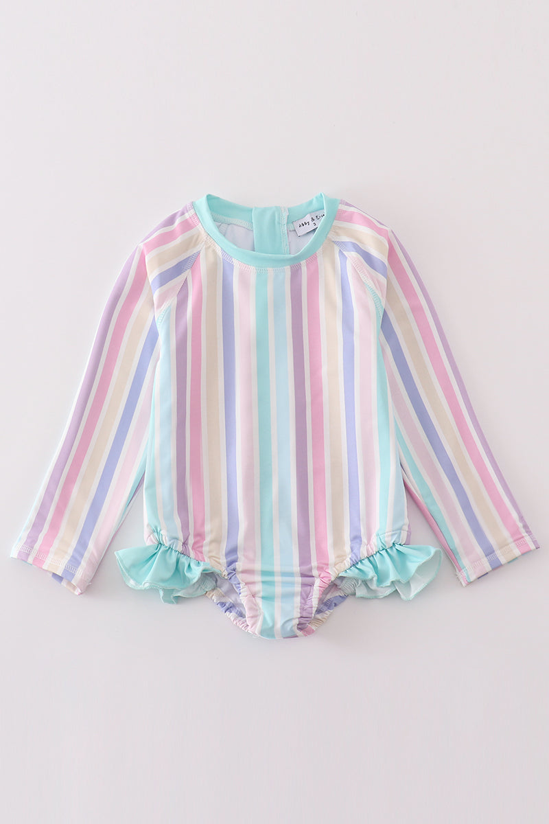 Multicolored stripe print girl long sleeve swimsuit