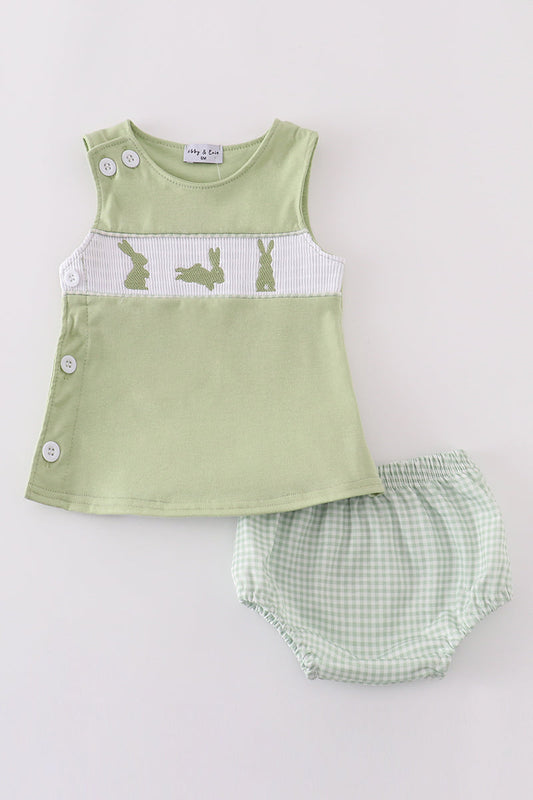 Sage bunny embroidery smocked bloomer set