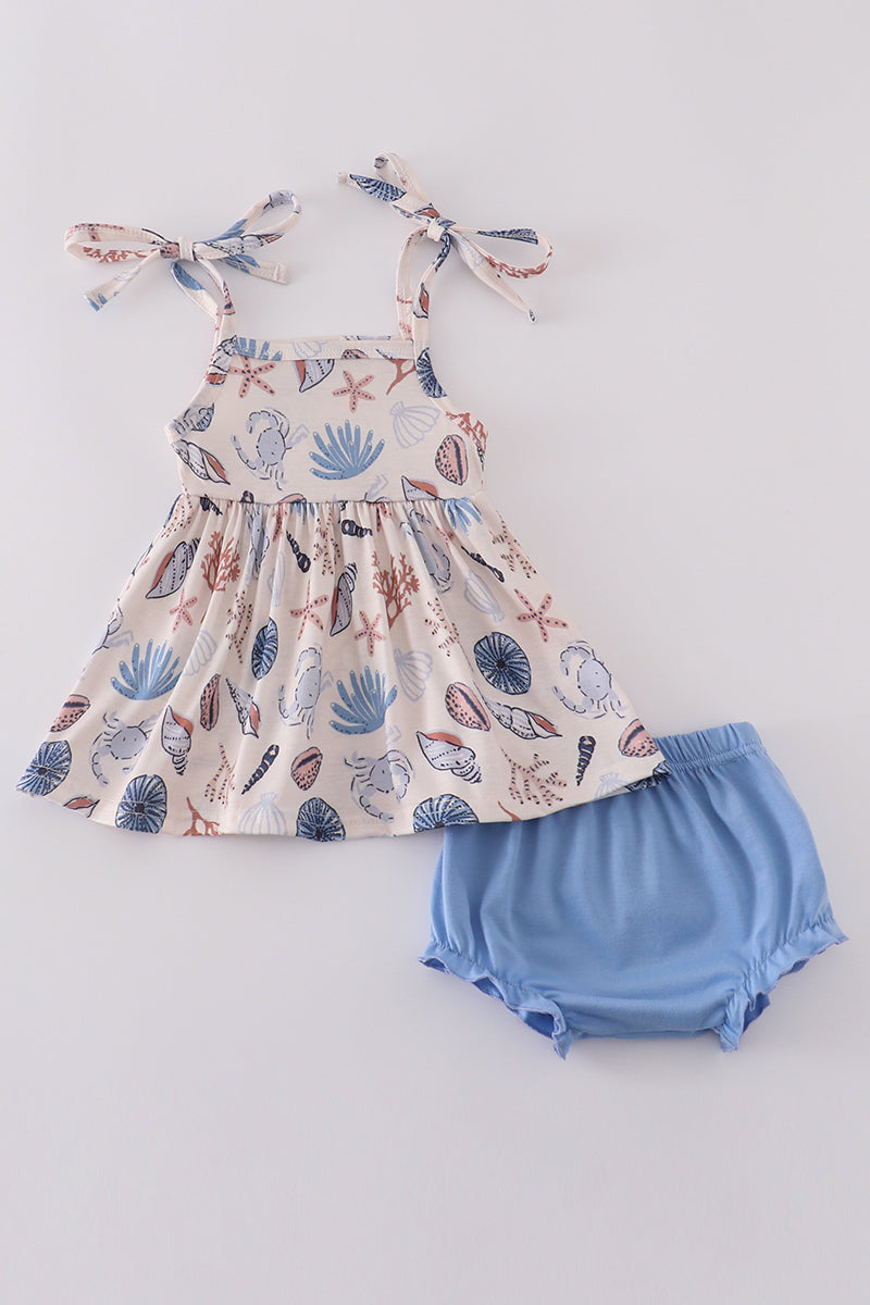 Blue ocean breeze shells print bloomer set