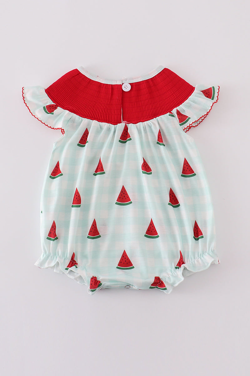 Green watermelon print smocked bubble