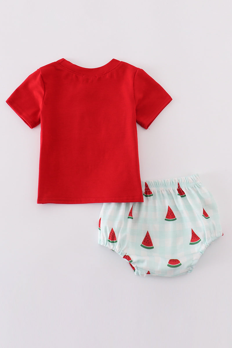 Red watermelon embroidery smocked bloomer set