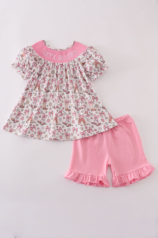 Pink let's go girls boots bow floral smocked shorts set