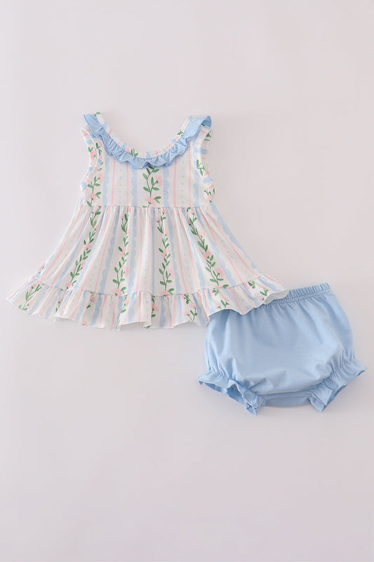 Blue floral print ruffle bloomer set