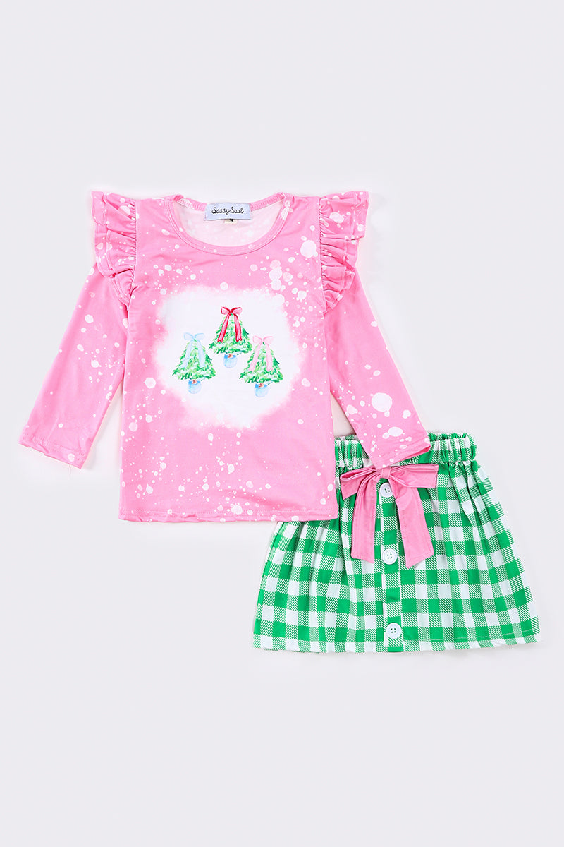 Pink christmas trees girl skirt set