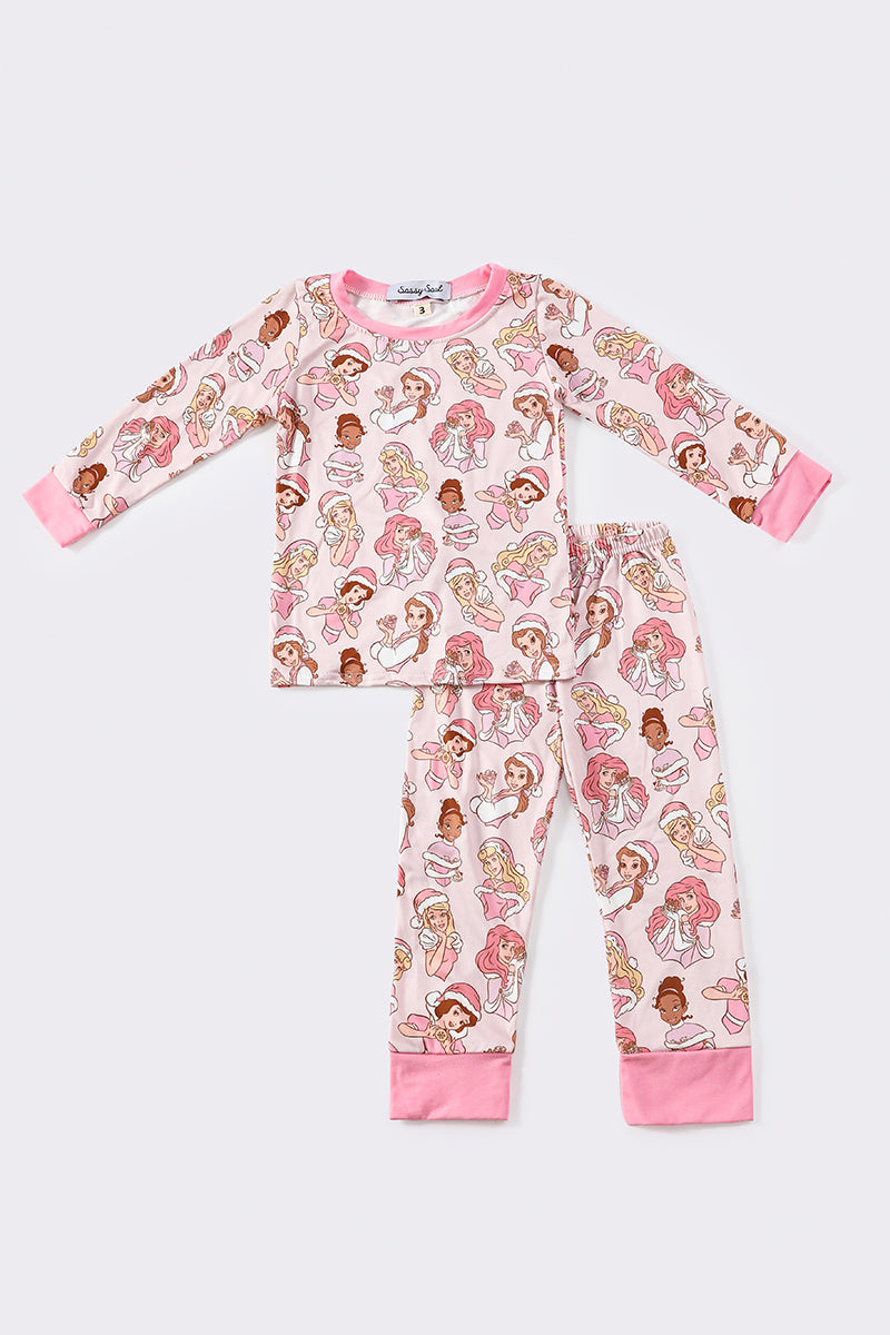 Pink princess christmas girl pajamas set