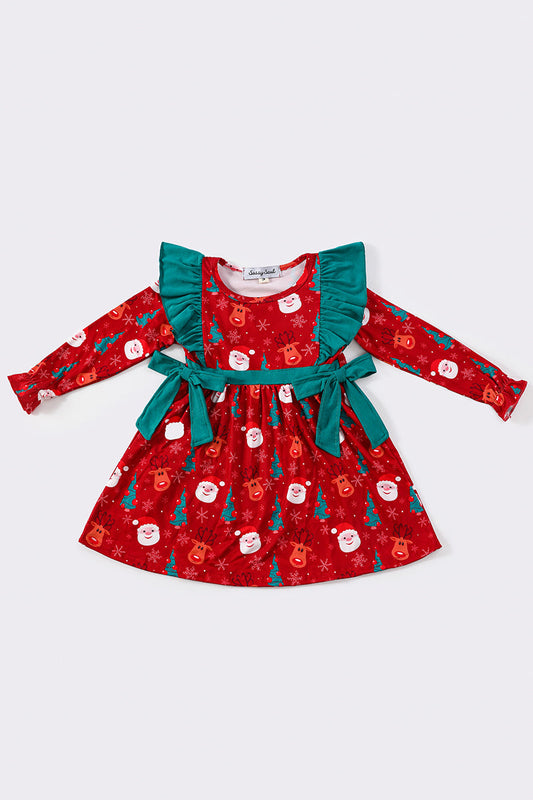 Red christmas santa claus print ruffle dress