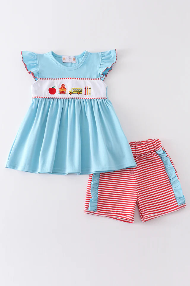 BLUE BACK TO SCHOOL EMBROIDERY GIRL SET