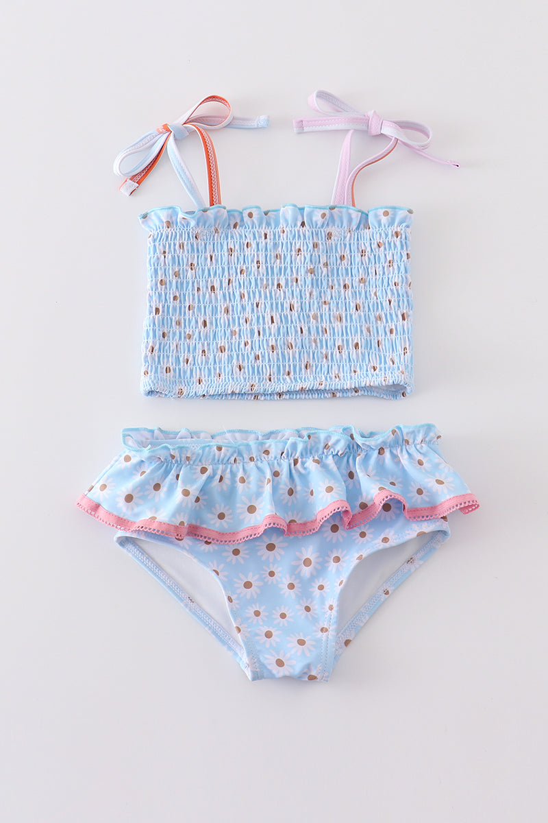 Blue daisy smocked 2 pcs swimsuit