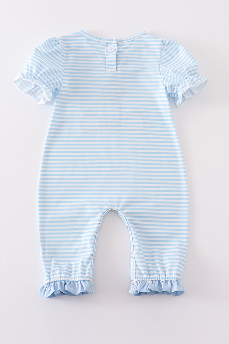 Blue Stripe Dog Pumpkin Applique Romper - Girl